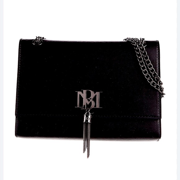BADGLEY MISHKA - Black Vegan Leather with Gun Metal Hardware Logo, Tassel, Strap - Picture 12 of 16